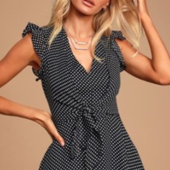 Lulu's Black Polka Dot Tie-Front Skater Dress . - Picture 3 of 3